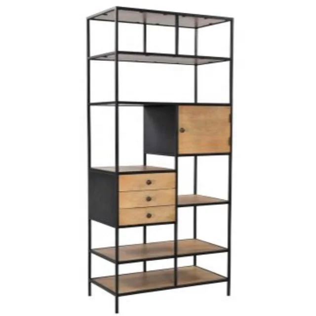 Industrial Vintage Style Iron Mango Wooden Bookshelf With Drawer And Open Shelves Black Powder Coated Finish