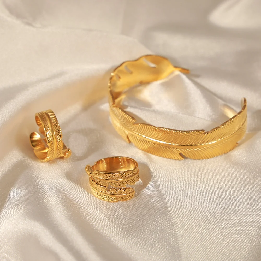 AIZL Neutrality Energy Jewelry Geometric Feather Design Open Bangle Ring Stainless Steel 18K Gold Plated Jewelry Set