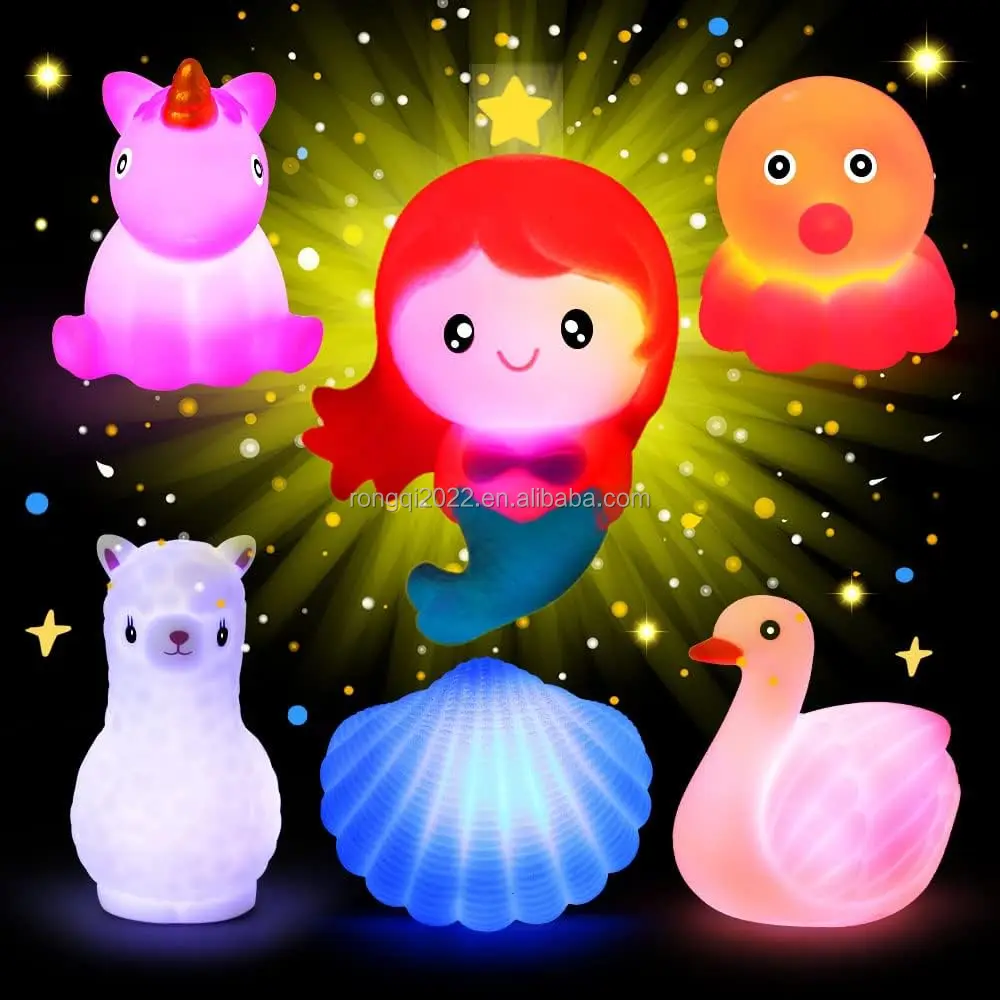 Детская игрушка для ванны с подсветкой набор плавающих Резиновых Игрушек животных единорог осьминог лебедь мигающий свет меняющий цвет в воде