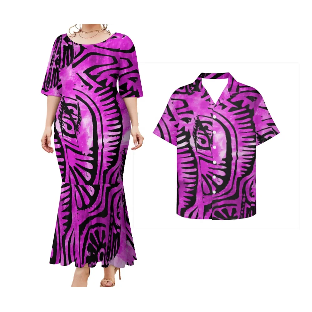 Promotional Price polynesian Elei Tribal Tie-Dye Design Custom 2 pcs Couple Clothes Casual  Big Size Mens Shirts Woman Dress