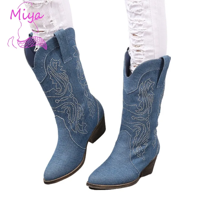 Ethnic Diamond Embroidery Pattern Chunky Low Heel Mid-calf Boots for Women Casual Daily Fall Winter Suede Leather Boots
