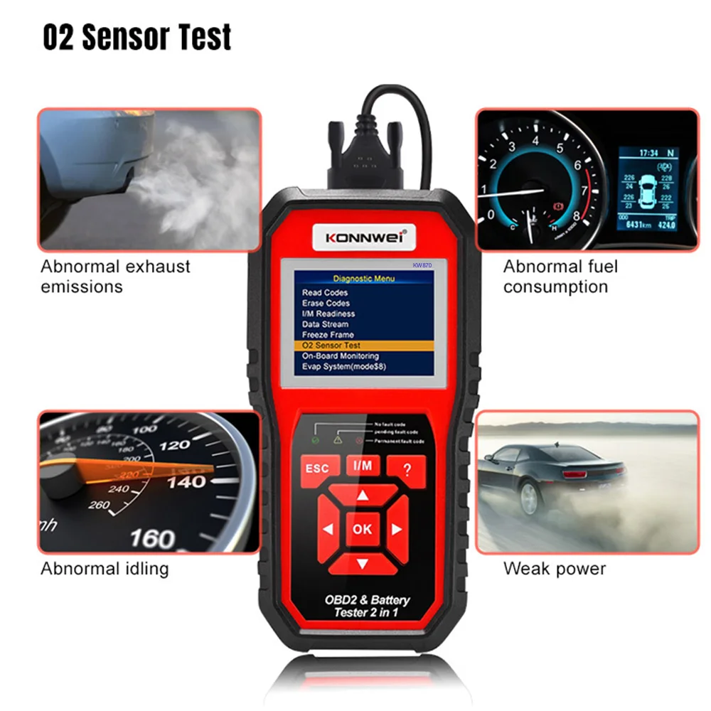 2in1 Economical car OBD2 diagnostic scanner KONNWEI KW870 fault code reader plus battery tester