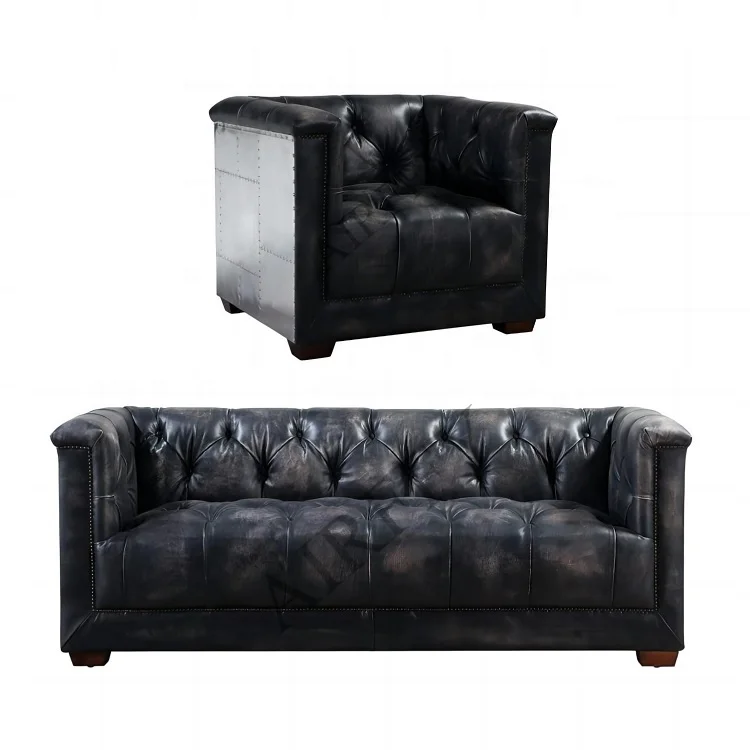 Vintage Antique Aluminum Covered Aviation Club Black Genuine Leather Chesterfield Sofa Set Furniture