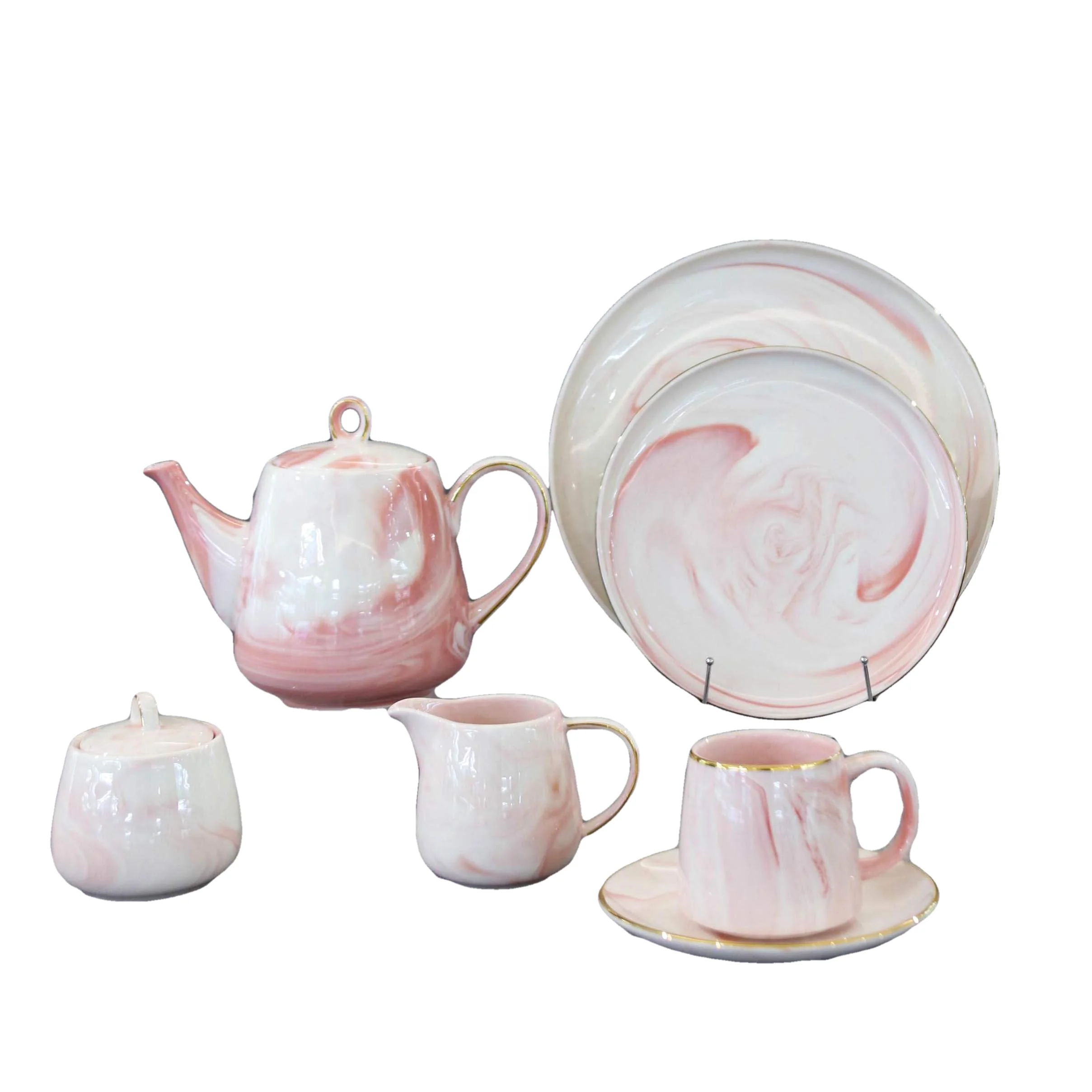 Round Ceramic Dinner Set Pink Porcelain Dinnerware Decal 24pcs Tea Cup Sets
