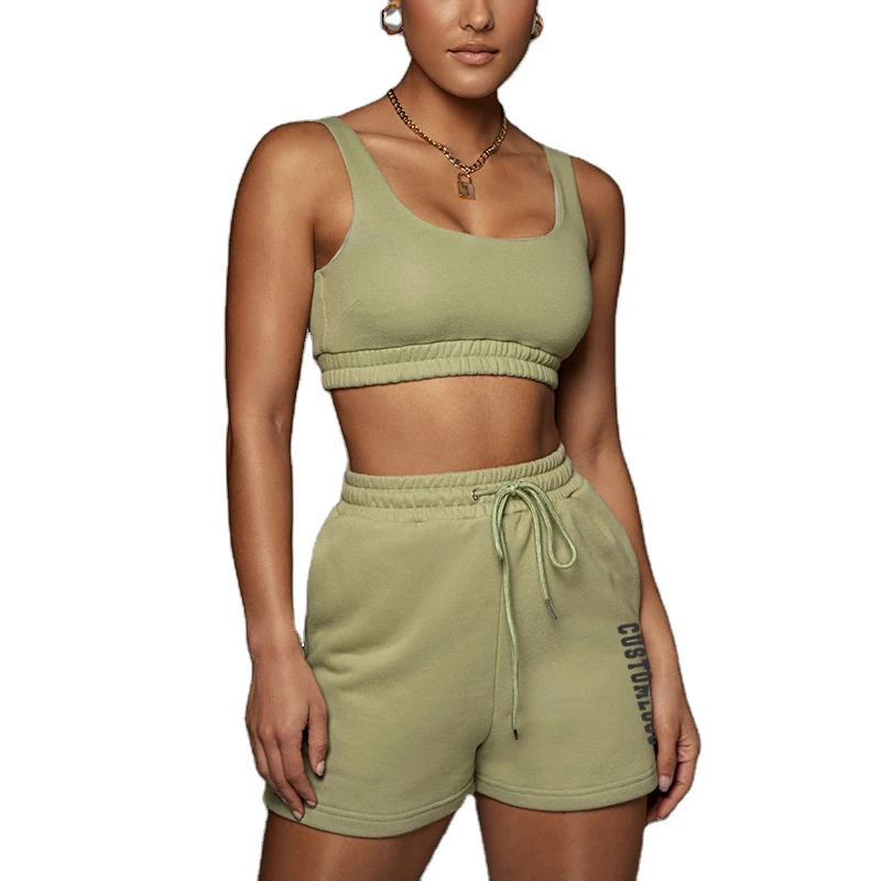 Custom Logo 2piece set Women Ribbed Active Vest Crop Matching Sweat Biker 2 piece short set Outfit Women Tracksuit Sweatsuit Set