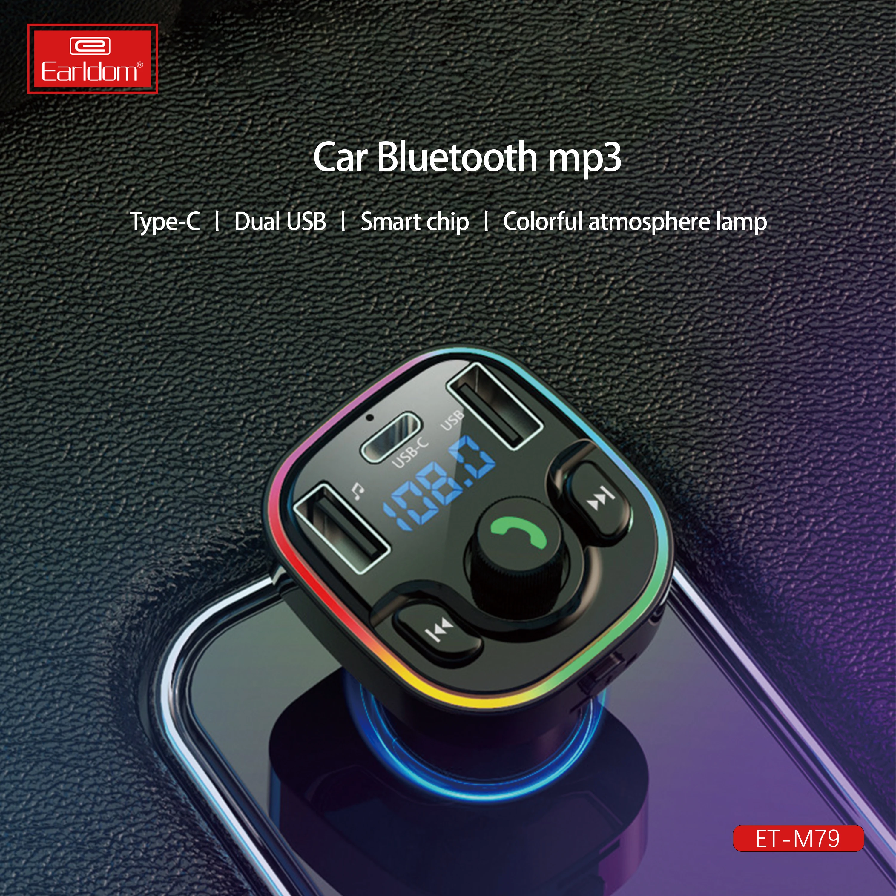 Earldom 7 Color TF Dual USB c handsfree Fast Car charger Audio car kit fm transmitter Wireless Bluetooth fm transmitter For Car