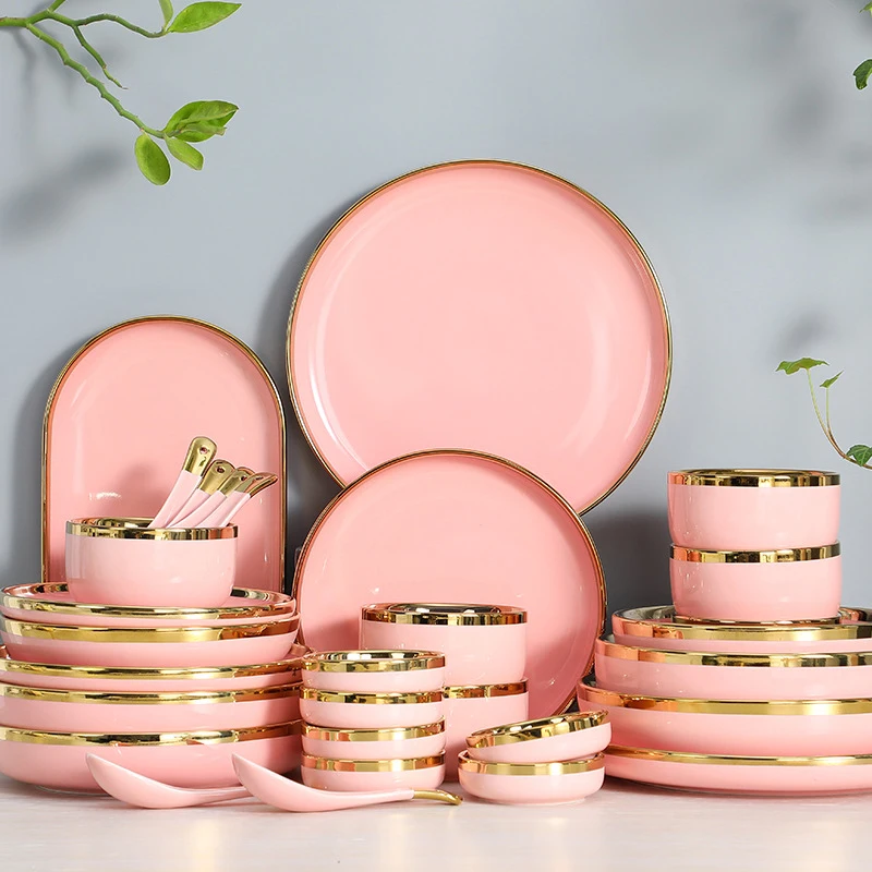 Manufacturer Custom Nordic Green Black Pink White Ceramic Dinner Tableware Set Restaurant Home Porcelain Dinnerware Set