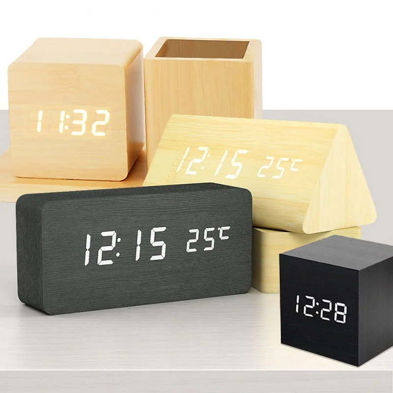 Nightlight Large Office Digital Clock Made Of Wooden With Led Screen Table Clock Portable Lamp