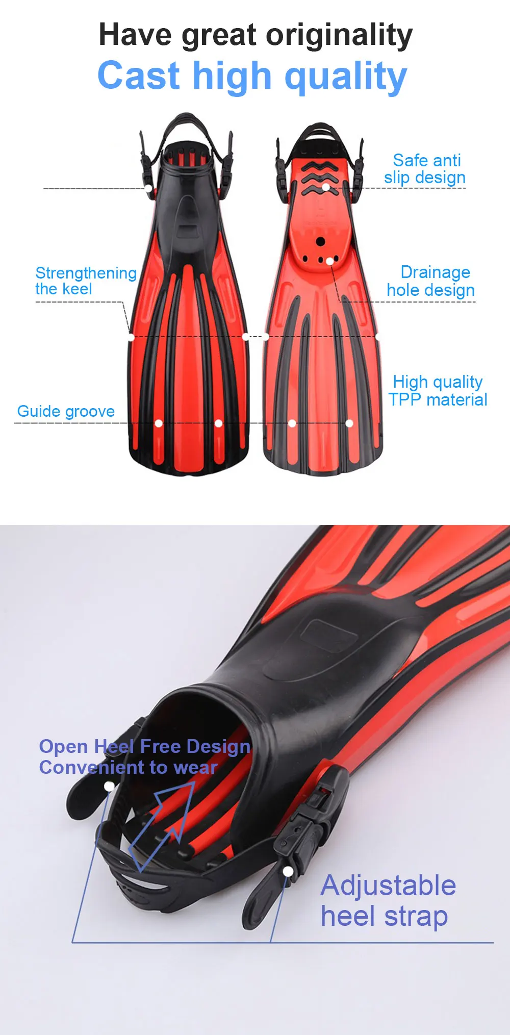 High Quality Depth Diving Scuba Flippers OEM Logo Customizable Full Foot TPR Rubber Fin Adjustable Wholesale Scuba Dive