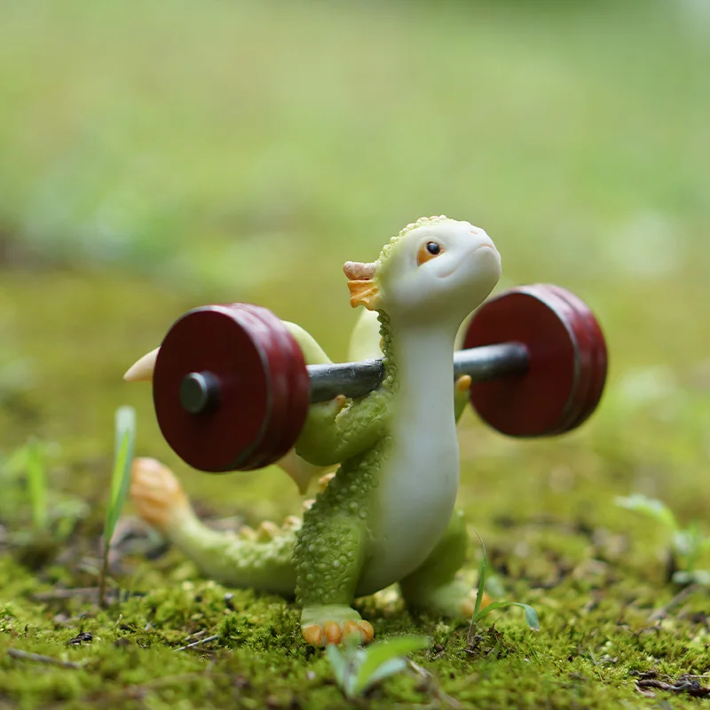 Z17183A Home Decor Cartoon Adorable Weightlifting Dinsaur Figurine Green Sport Dragon resin Statue