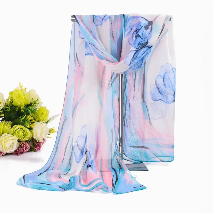 Kejia Hot Sale Print Flower Silk Chiffon Scarves Women Wrap Sunscreen Beach Cover Up Long Hijab Bandana Polyester Cape Female