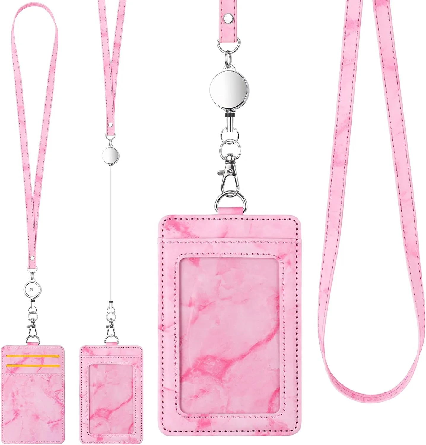 Marble Pattern PU Leather Clear ID Window Credit Card Case Retractable ID Name Badge Reel Holder Lanyard for Women Nurse