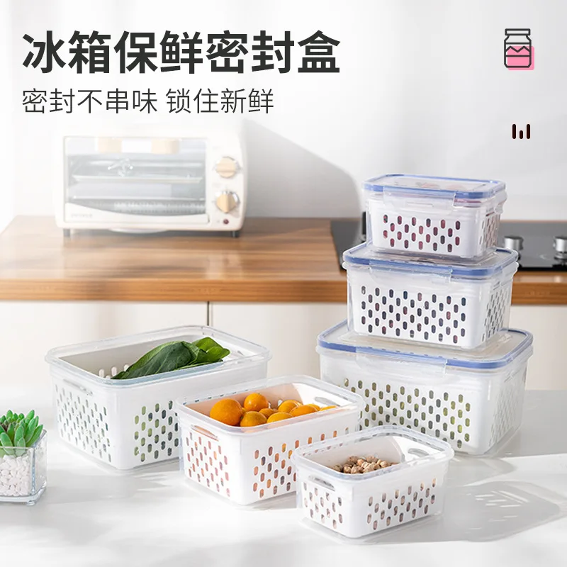 3 Pack Fridge Food Storage Container Set with Lid with Strainer Plastic Fresh Produce Saver Vegetable Fruit Storage Organization