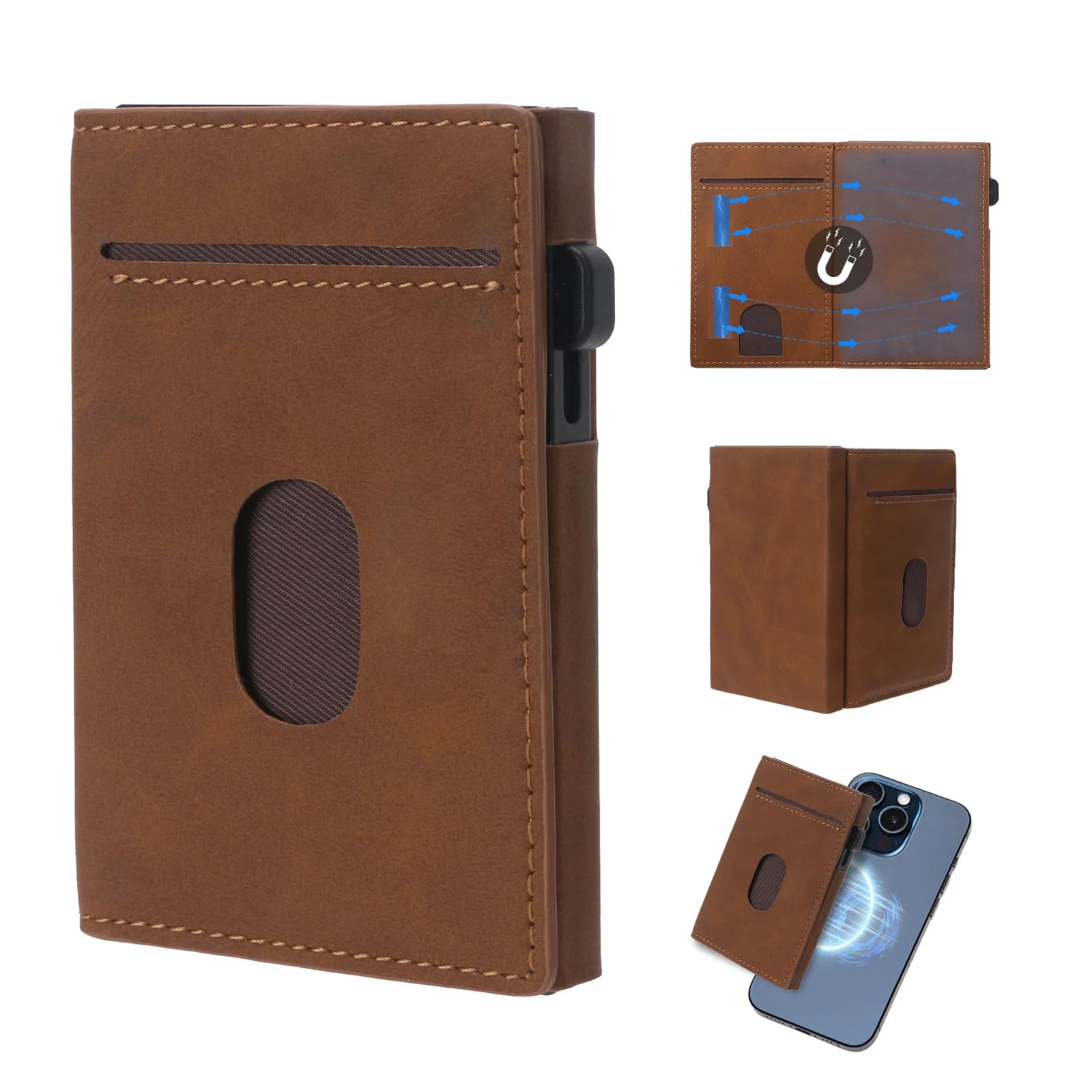 Factory Custom Slim Genuine Leather Card Case Wallet RFID Blocking Portable Automatic Pop Up Card Holder Magnetic Wallet