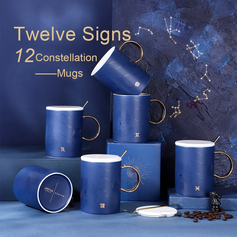 Private Label Creativity Gifts 12 Constellations Milk Cup Horoscope Ceramic Coffee Mug Packaging Boxes with Spoon Lid