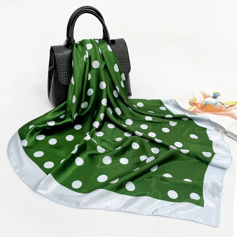 Wholesale Fashion Women Square Silk Head Scarf Polka Dot Printed Satin Silk Hijabs Scarves 90x90