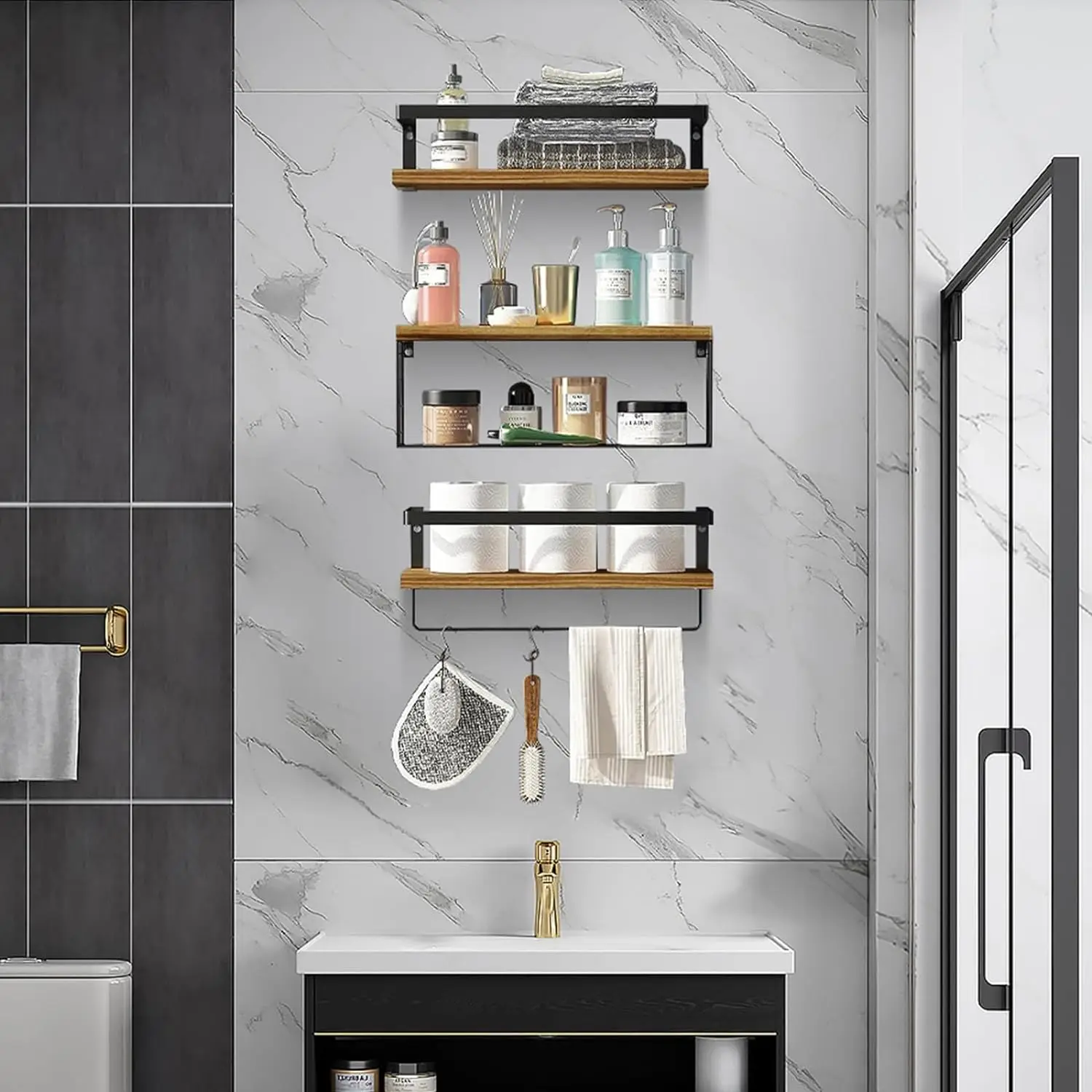 Wooden Wall-Mounted Floating Shelves with Wire Basket Towel Rack for Bathroom Kitchen Bedroom or Living Room Use Home Decor