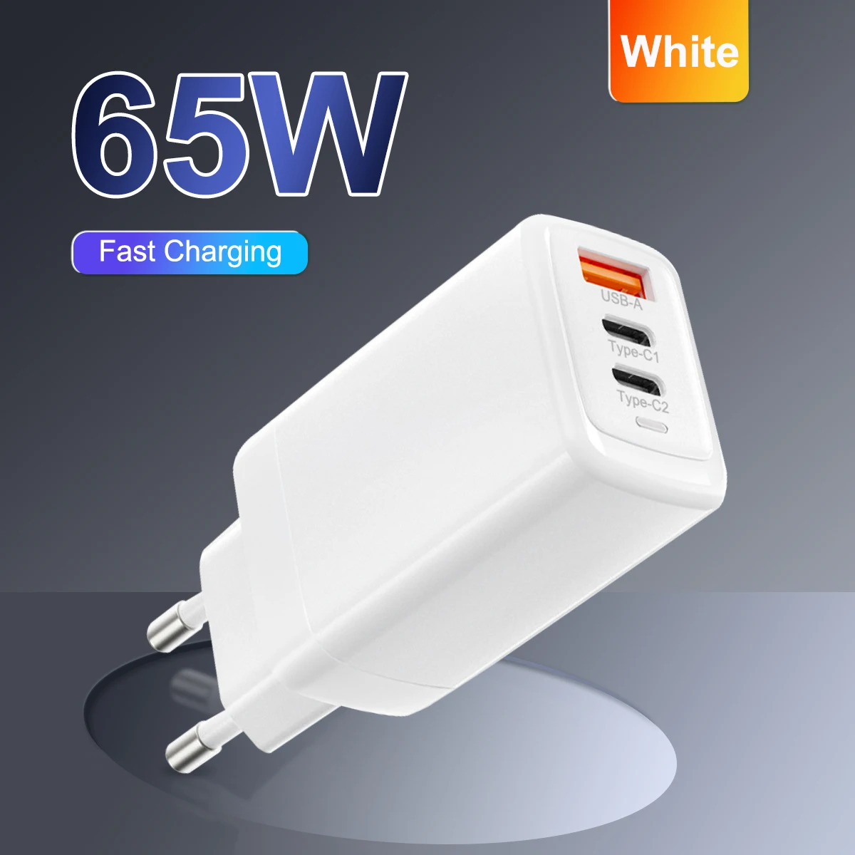 GaN Charger Intelligent PD 2 Type C 1 USB A  QC3.0 65W Fast Charging 3 Port 65Watt USB C Power Supply Wall Adapter