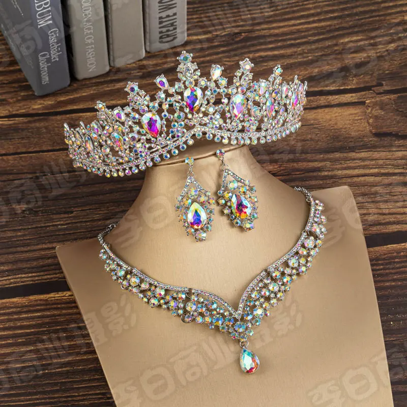 3 Set Qushine Luxury Rhinestone Bridal Jewelry Sets Crystal Crown Tiaras Necklace Earring Set For Bride Hair Accessory
