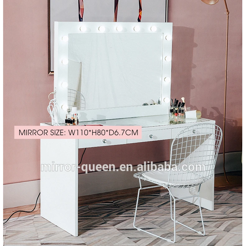 Лидер продаж, новый дизайн, туалетный столик для макияжа с поверхностью из закаленного стекла, с 3 разделенными ящиками и освещенным алюминиевым зеркалом