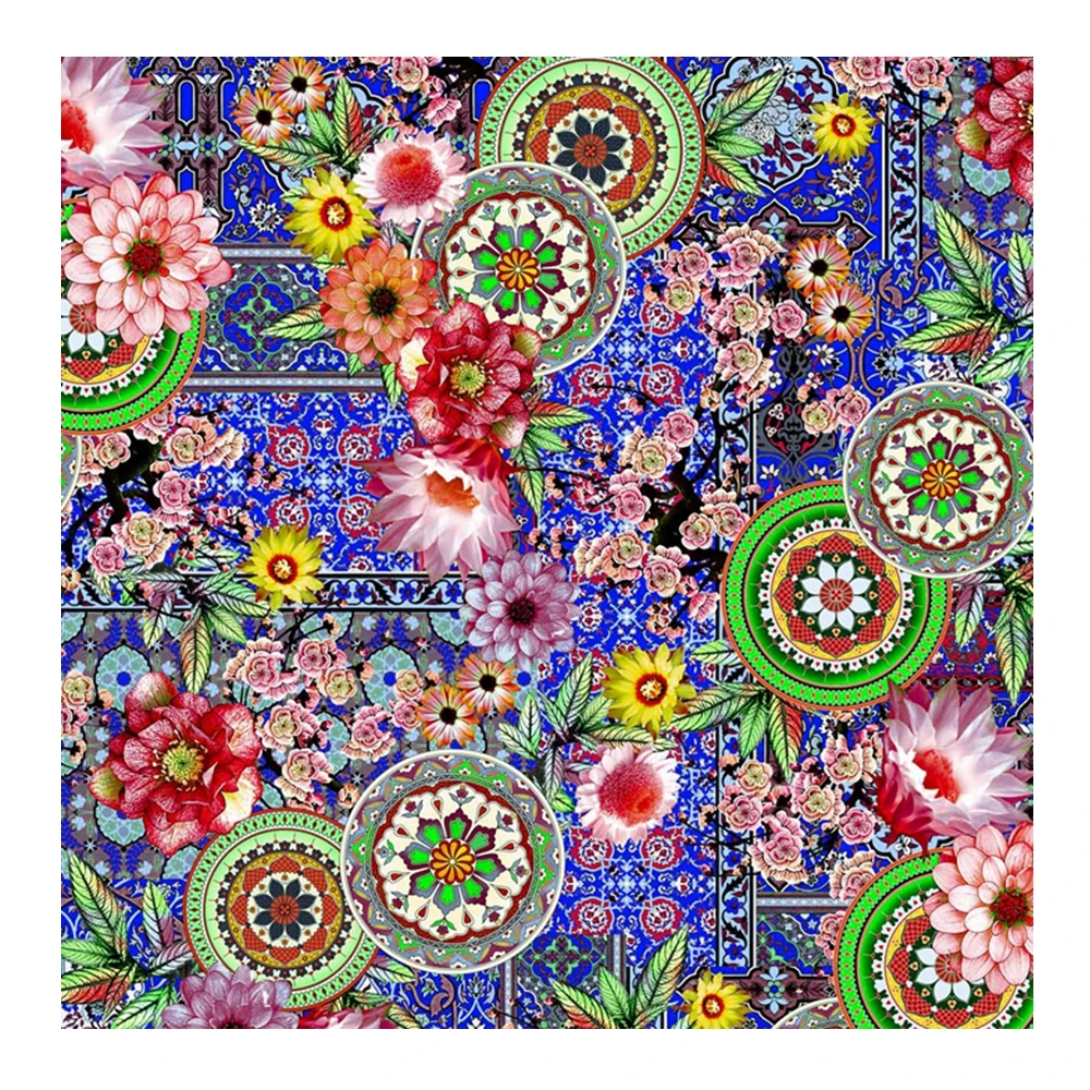 polyester soft moss crepe custom digital supplier circle pattern design printing for lady women t shirt wedding dress fabric