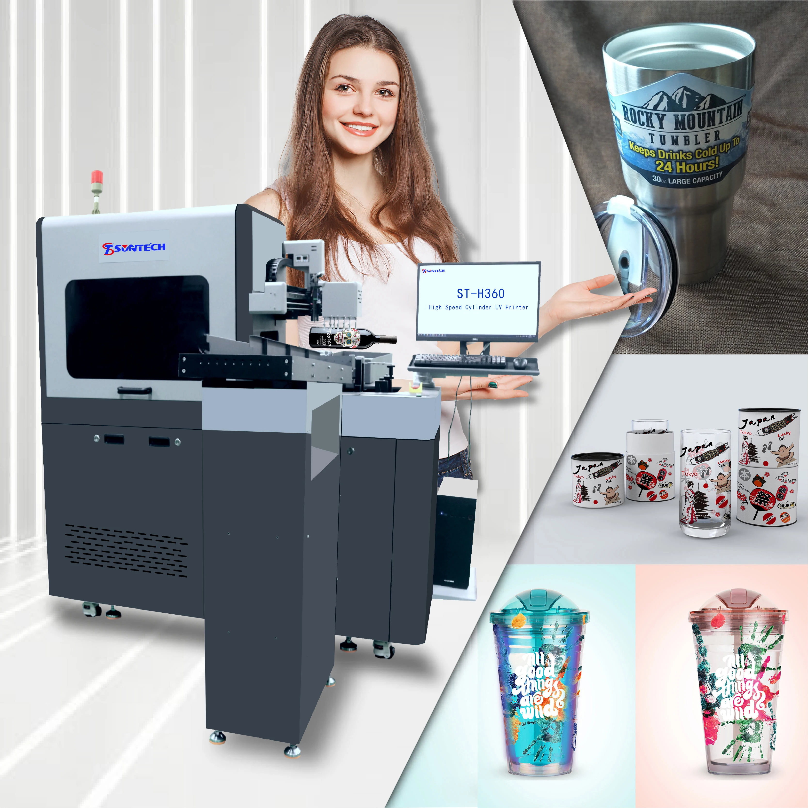 Suntech supply 360roller UV color inkjet machine wine bottle car cup Stainless steel straw cylindrical cup Cone UV printer cheap