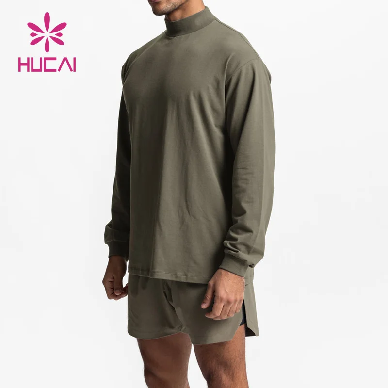 Custom LOGO mock Neck Long Sleeve  Cotton Sweatshirt Printing Embroidery plain green gym fitness T Shirt for Men