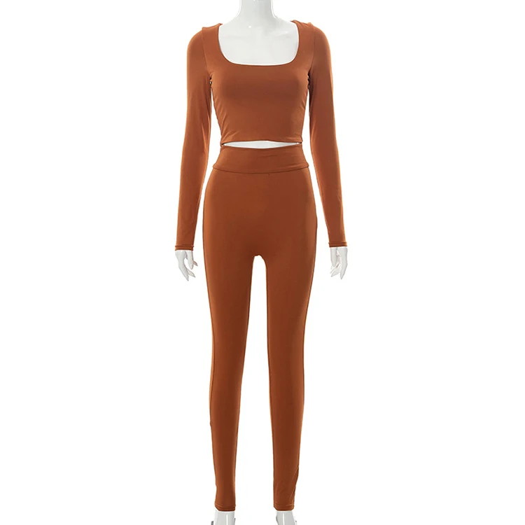 Solid Casual Stretch Top And Pants Fall Clothes Fitness Workout 2 Piece Set For Women Skinny Long Sleeve Woman