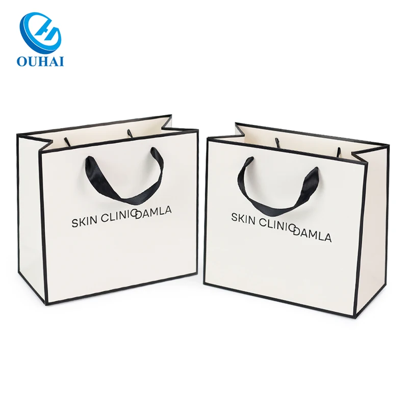 Wholesale Custom with Your Own Logo Lamination Cardboard Grey Board Paper Bag with Ribbon Handle for Shopping Retail Packing