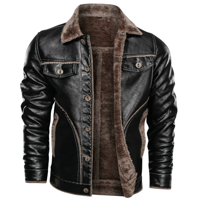 
New Arrivals Faux Fur Men Winter Thickening Warm Jaket Turn Down Collar Black Brown Motorcycle Leather Jackets 
