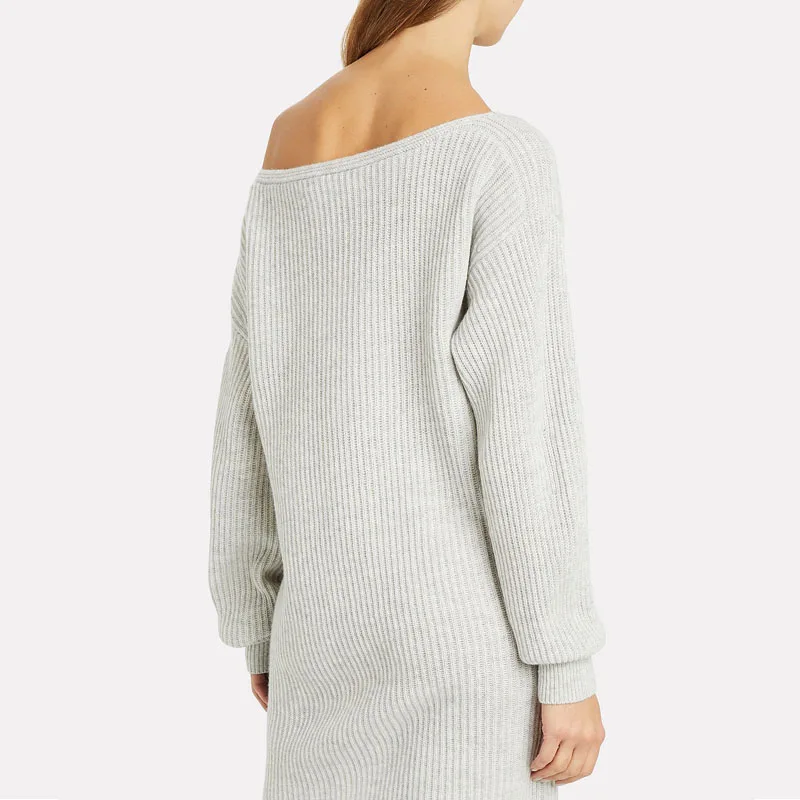 FYB Luxury Rib Knit Grey Sweater Dress Knitwear Knee Length Off One Shoulder Knitted Dresses For Ladies
