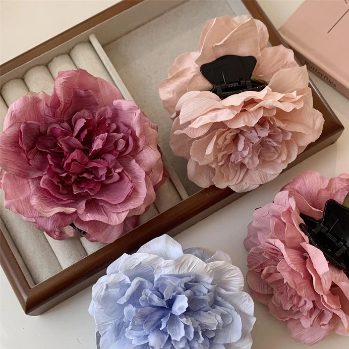 2024 New Design Peony flower hair claw super immortal hair grab side clip headpiece flower vacation photo hair accessory