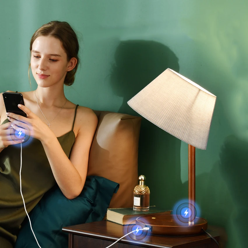 Новый деревянный smart USB + мобильный телефон Беспроводная зарядка гостиничная спальня прикроватная лампа Роскошная нордическая офисное освещение настольная