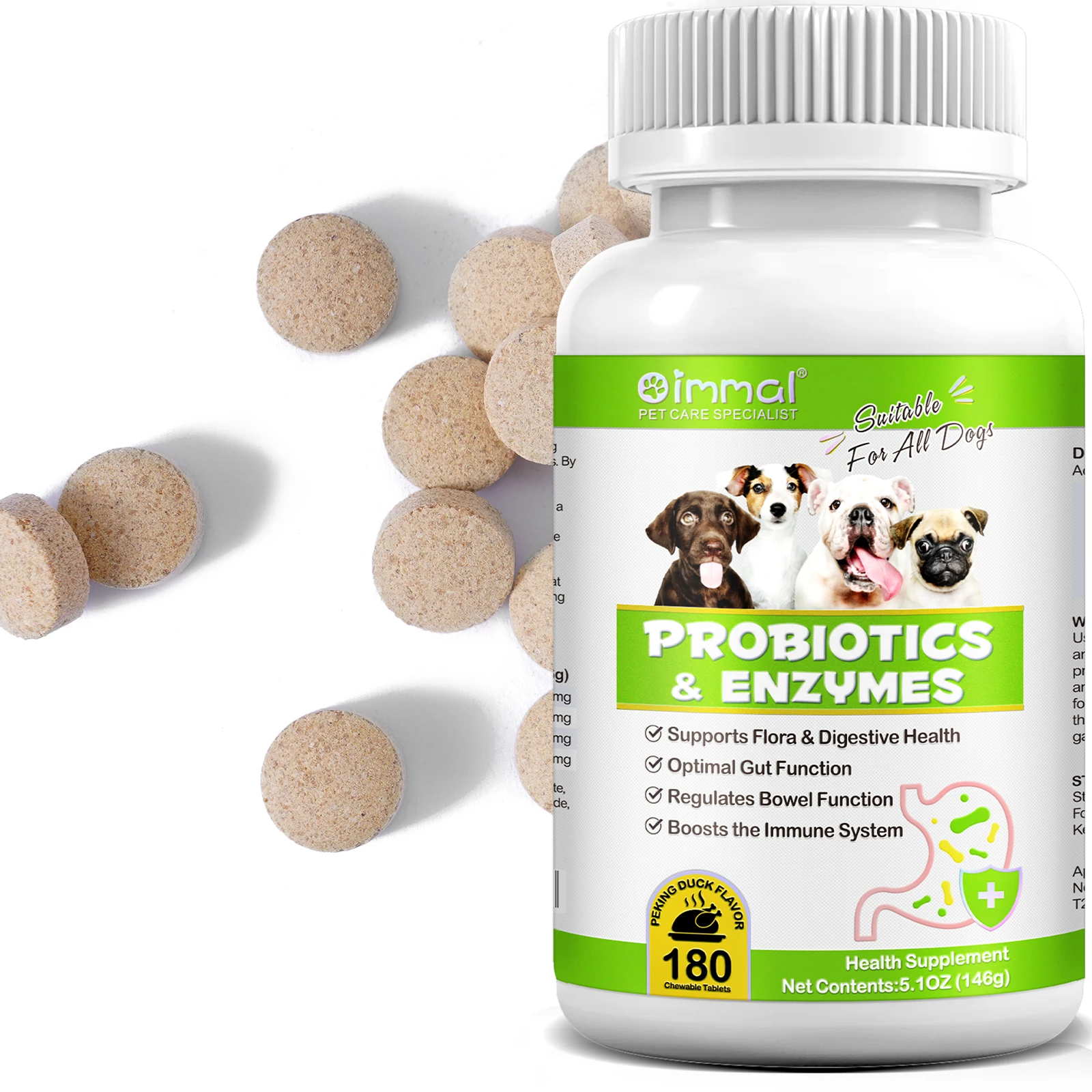 OIMMAI pet dog probiotics and gut health supplement papaya digestive enzyme chewable tablets pet probiotics tablets