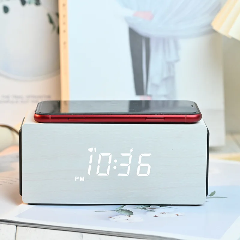 Умный Bluetooth аудио Многофункциональный Будильник СВЕТОДИОДНЫЕ Деревянные часы 15 Вт беспроводные перезаряжаемые электронные сабвуфер динамик