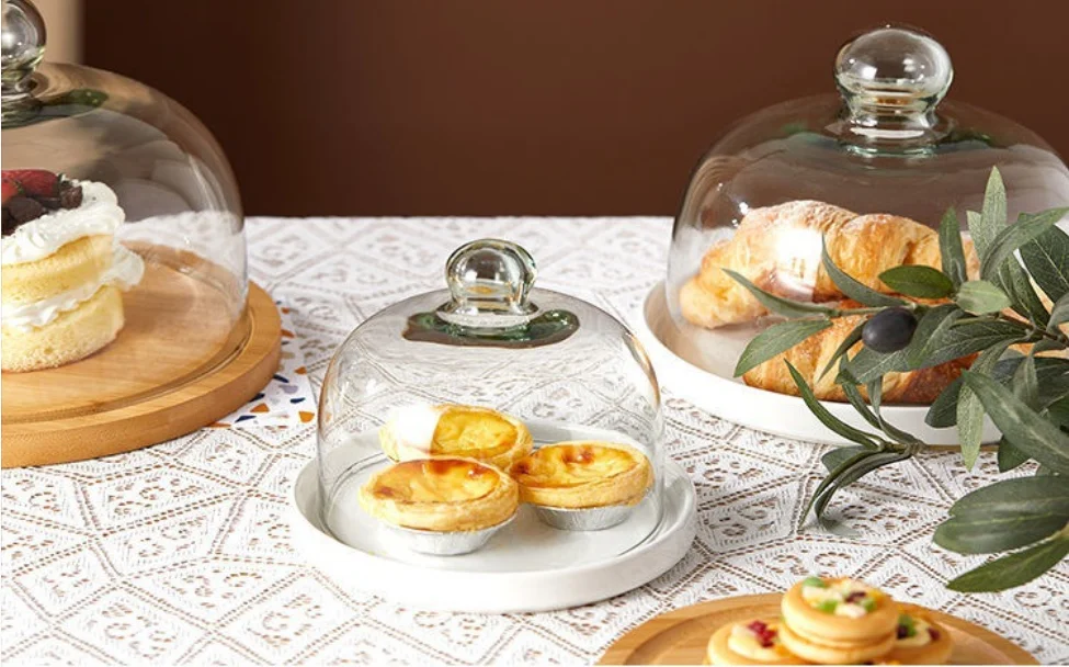 Creative Bamboo Plates for Kids Serving Tray Rotating Tray Wood Bamboo Cake Tray with Glass Cover