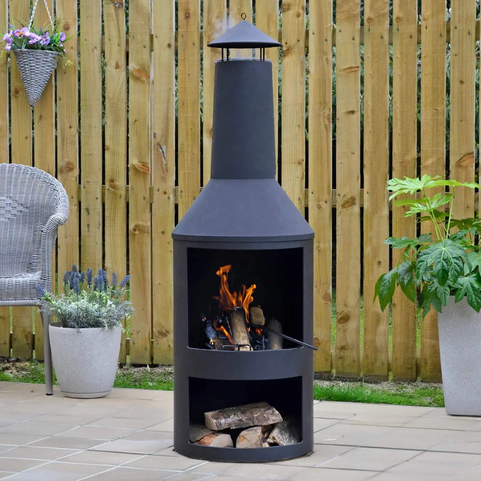 134cm Black Steel Garden Chiminea Log Burner Heater Chimney  Patio Fire Pit