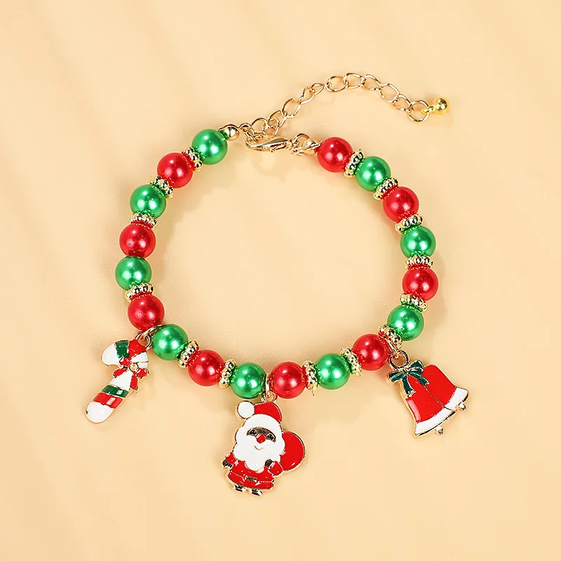 Christmas Colorful Pearl Beaded Bracelet with Santa Claus Bell Fashionable Jewelry Gift for Boyfriend Girlfriend or Couples
