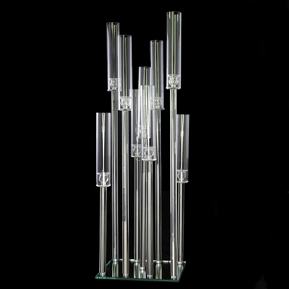 Mh-zt0123  9 Pillar Glass Candlestick Crystal Candelabra Wedding Decoration Centerpieces With Glass Tube