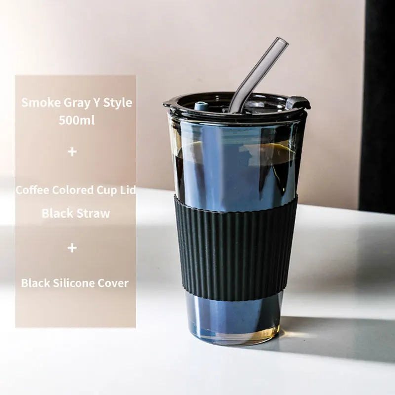 Whole Hot Selling 350ml Amber Glass Water Cup With Glass Straw And Plastic Lid  Silica Gel Sheath Glass Cup Water Beer Mug