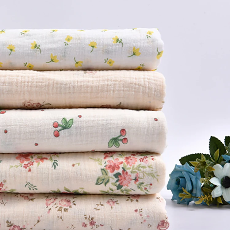 Wholesale high quality custom organic double gauze floral printed muslin cotton 2 layers fabric baby