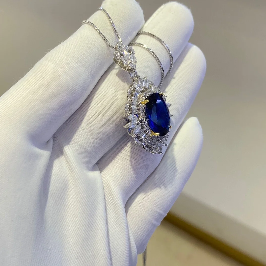 Fine Jewelry 925 Sterling Silver Necklace For Women Colored Gemstones 10*14mm Oval Shape Sapphire Pendant Necklace