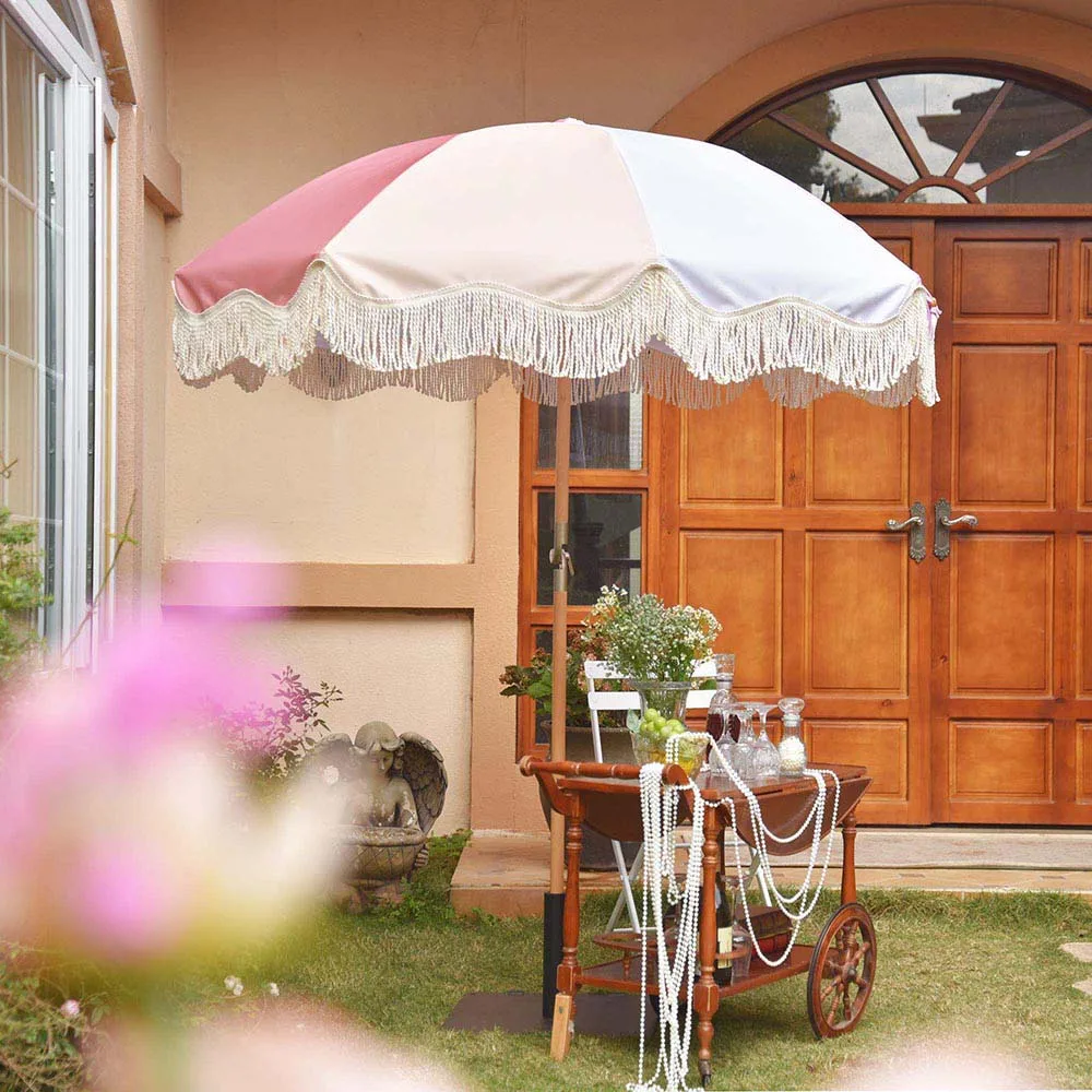 Custom Outdoor Large Pool Patio Fringe Sun Shade Parasols White Vintage Boho Style Market Beach Garden umbrellas With Tassels