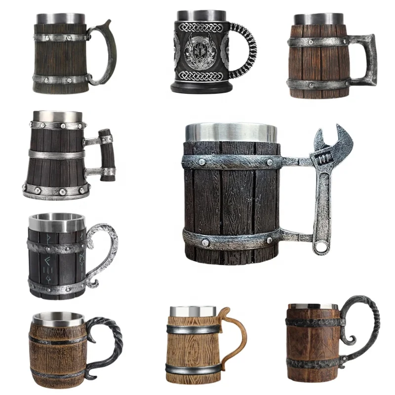 Eco-friendly Wooden Barrel Stainless Steel Beer Mugs Germany Beer cup Creative Coffee Drink Mug with handle