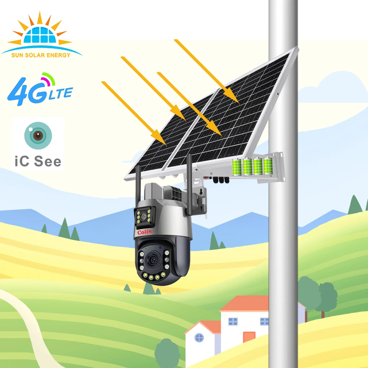 60W 30AH 6mp solar camera 360 ptz 69x zoom 4g solar street light with camera outdoor Dual Lens CCTV wireless security camera