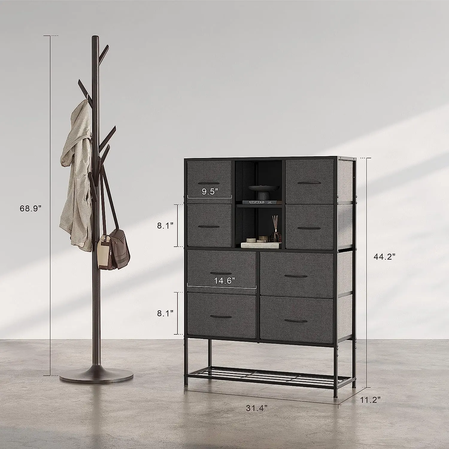 Black Fabric Eight Drawer Storage Large Capacity Cabinet Living Room Bedroom Storage Shelf With Two Dividers In The Middle