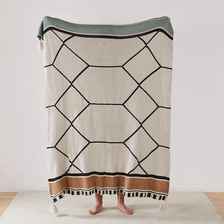 F-1377 outdoor bohemian geometric jacquard woven throw blanket custom logo moving blankets knit turkey blankets with tassel