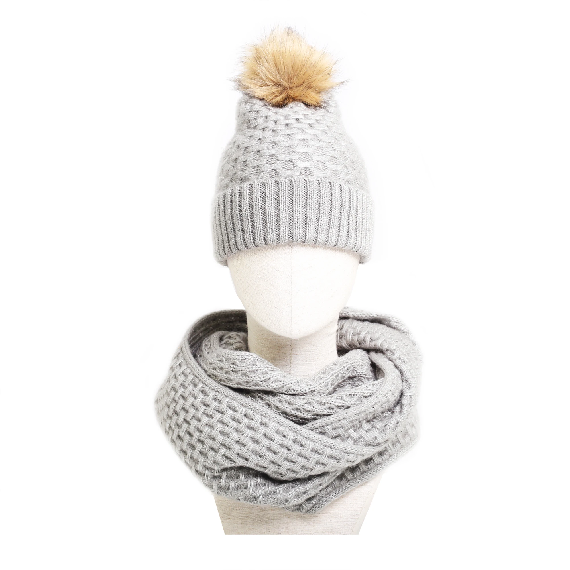 Fuzzy warm solid basket knits winter beanie hats and loop scarf set with bellyband packing
