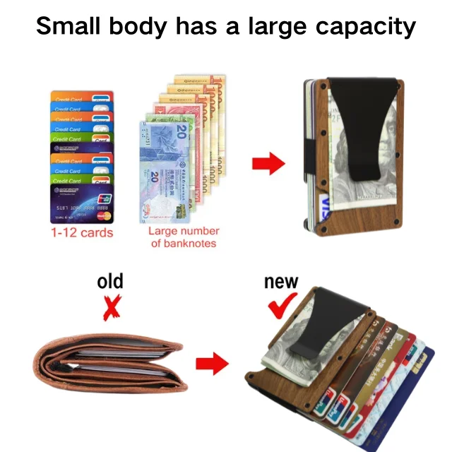 New Minimalist Real Wood RFID Blocking Wooden Card Holder with Money Clip Wooden Card Wallet