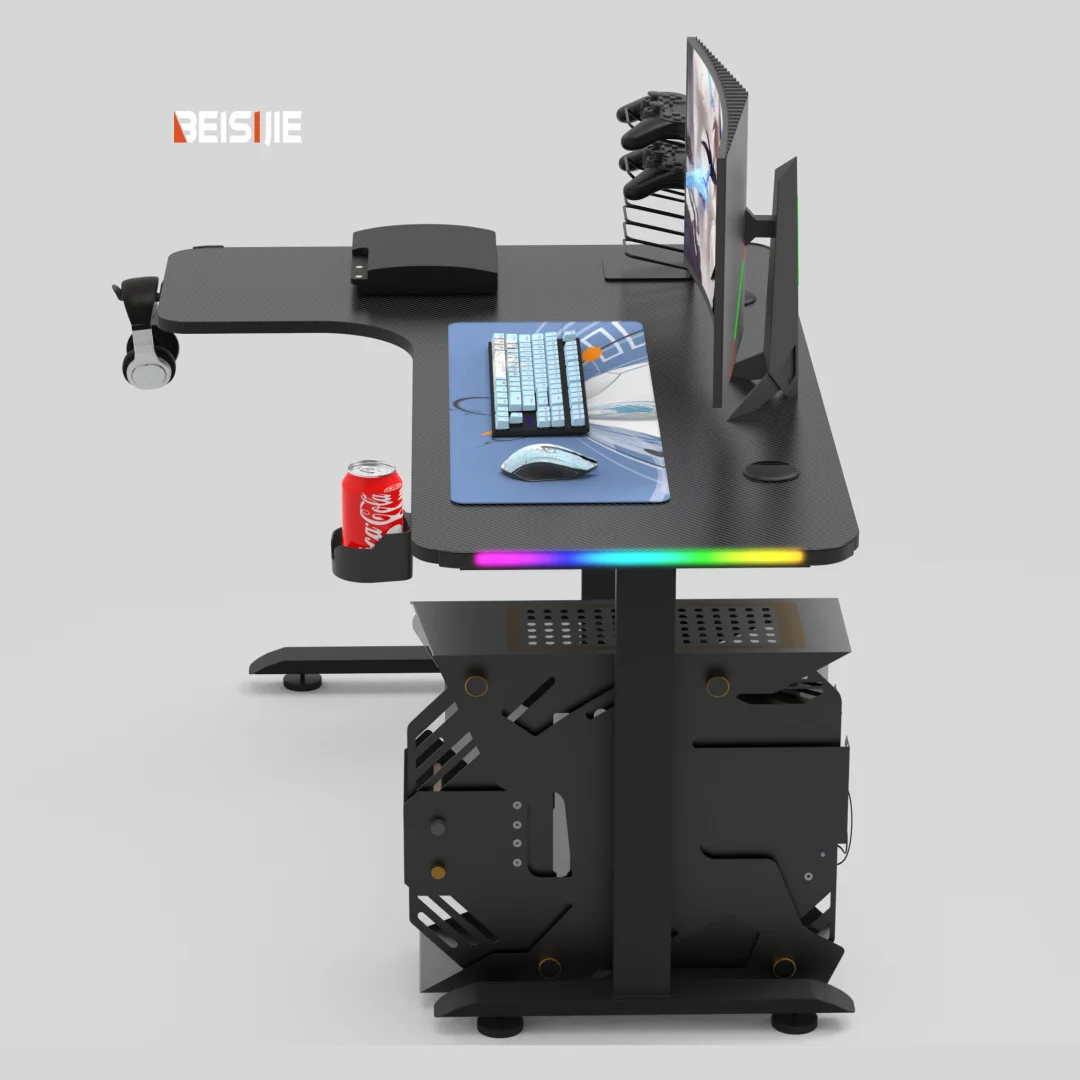 Современный L-образный игровой стол с динамическим освещением RGB и эргономичным дизайном поверхности из углеродного волокна модельный L-L